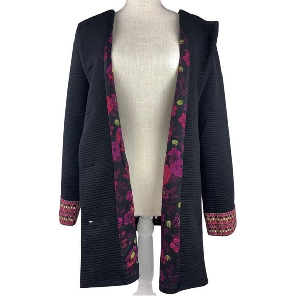 Susan Graver Jacket Black Rib Knit Jacquard Cuff Gold Button Front Womens 10 - Picture 6 of 9